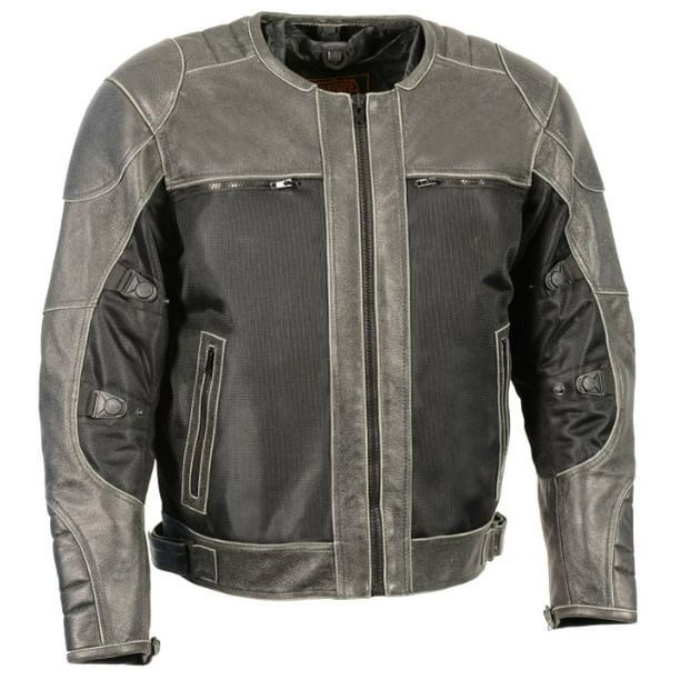 Men's Distressed Grey Leather & Mesh Racer Jacket w/ Removable Rain Jacket Liner Men's Distressed Grey Leather & Mesh Racer Jacket w/ Removable Rain Jacket Liner